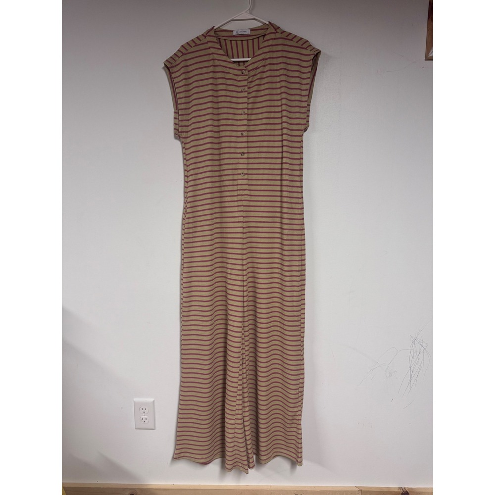 Cicy Bell Striped Wide Leg Jumpsuit Tan Burgundy Waffle Knit Sleeveless